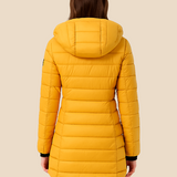 Lang varm dames vinterjakke med hætte og letvægtsfyld