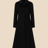 Elegant lang damefrakke i uldlook med klassisk knaplukning