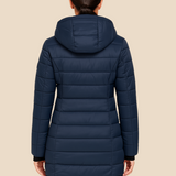 Lang varm dames vinterjakke med hætte og letvægtsfyld