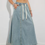 Casual denim maxinederdel med elastik og snøre til kvinder