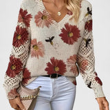 Blomstret V-Hals Bluse med Blondeærmer – Elegant og Feminin Stil