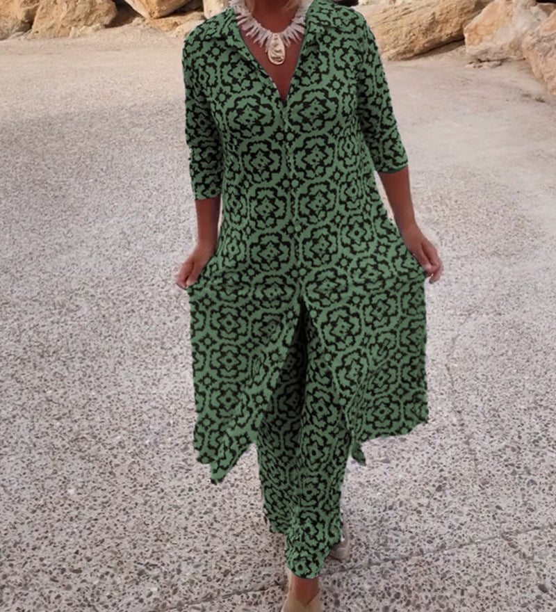 Printet tunika sæt med V-hals og løse bukser – komfort og stil