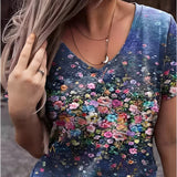 T-shirt med blomsterprint og V-udskæring – Romantisk boheme stil