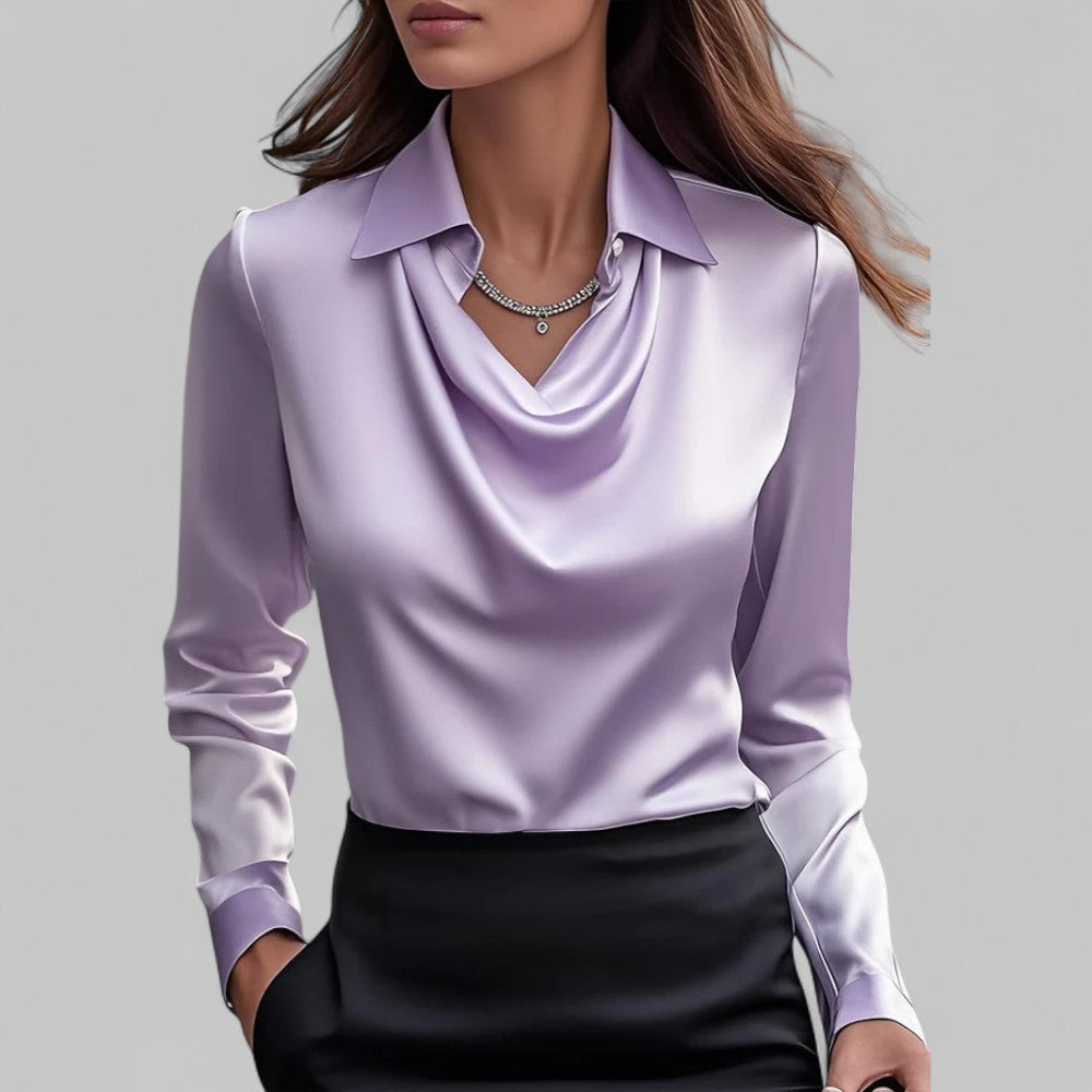 Elegant Satin Damebluse med Draperet Hals
