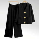 Elegant Blazer Sæt med Guldknapper og Brede Bukser – Sofistikeret Stil