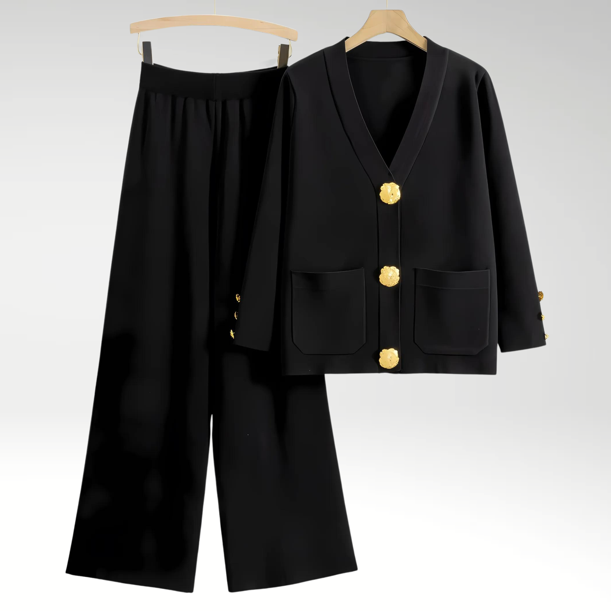 Elegant Blazer Sæt med Guldknapper og Brede Bukser – Sofistikeret Stil