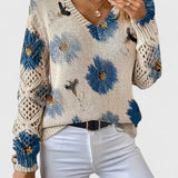 Blomstret V-Hals Bluse med Blondeærmer – Elegant og Feminin Stil