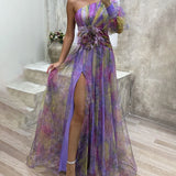 Elegant Asymmetrisk Maxikjole med Slids og Transparent Design