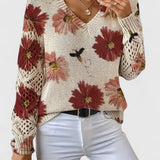 Blomstret V-Hals Bluse med Blondeærmer – Elegant og Feminin Stil