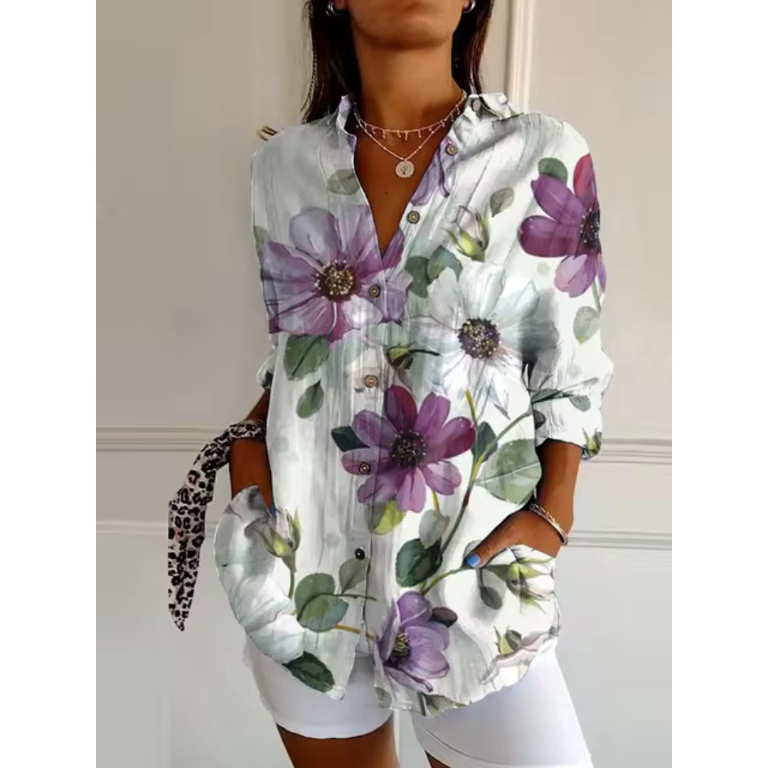 Boheme Damebluse med Blomstermønster og V-Hals