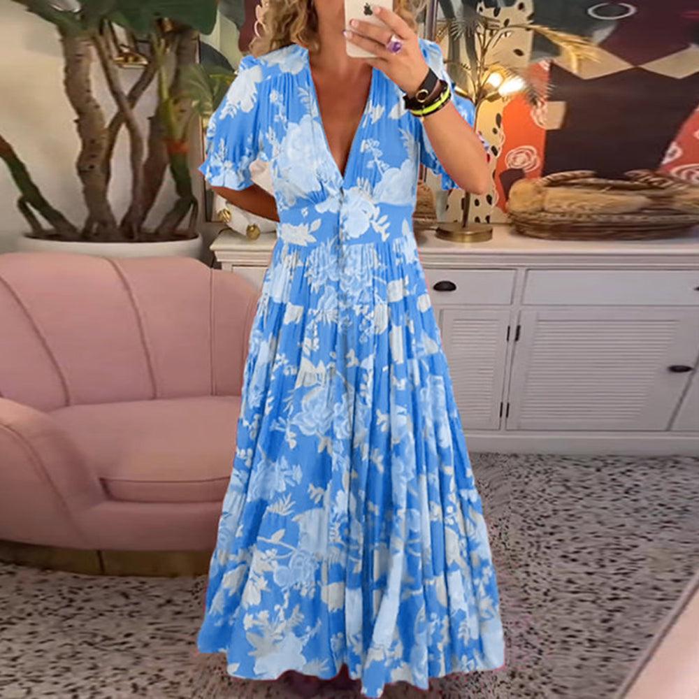 Elegant sommerkjole til kvinder med blomsterprint og V-hals