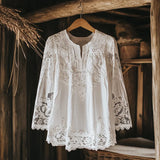 Boho Dame Bluse med Blonde og Broderi – Romantisk og Luftig