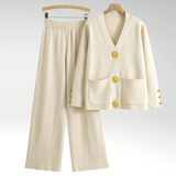 Elegant Blazer Sæt med Guldknapper og Brede Bukser – Sofistikeret Stil