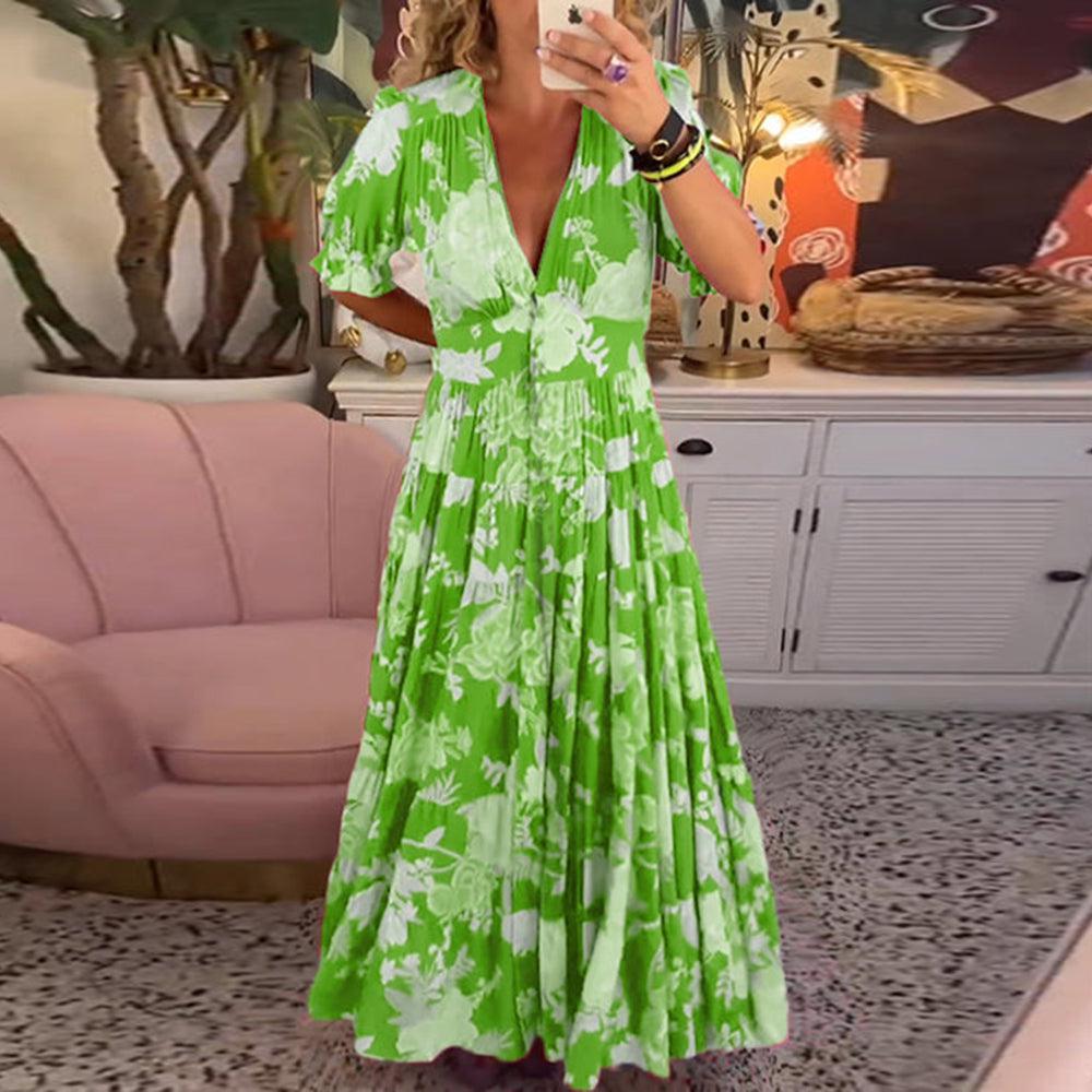 Elegant sommerkjole til kvinder med blomsterprint og V-hals