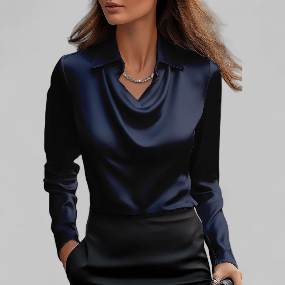 Elegant Satin Damebluse med Draperet Hals
