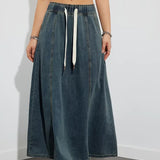 Casual denim maxinederdel med elastik og snøre til kvinder