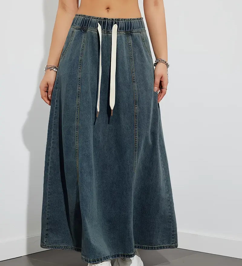 Casual denim maxinederdel med elastik og snøre til kvinder