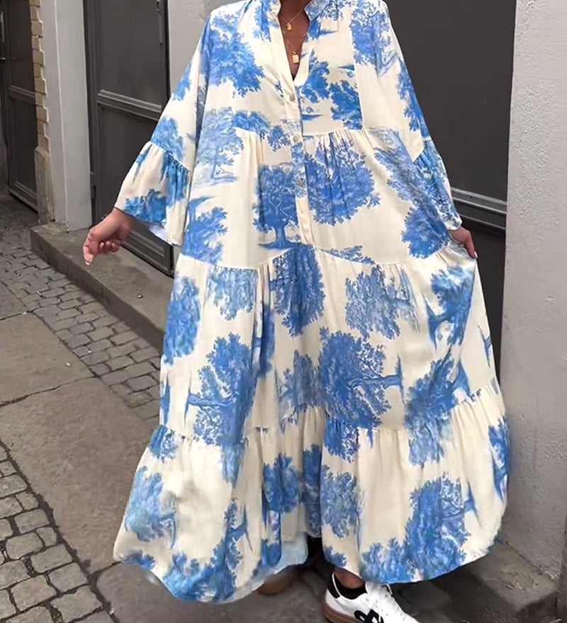 Lang Skjortekjole med Print og Flæseærmer