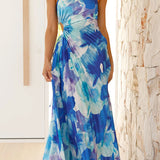 Blumenmuster  Ein-Schulter Falten Maxi Kleid