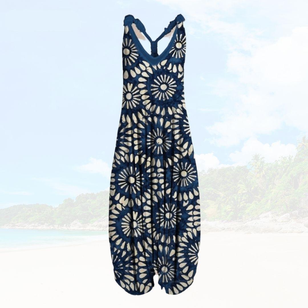 Boheme Jumpsuit med Tropisk Mønster og Lav Ryg