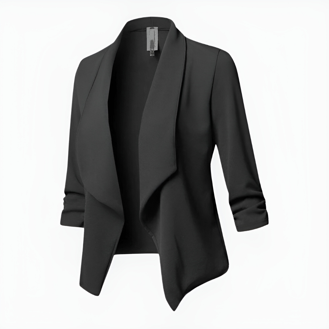 Åben dame blazer – let design med draperet front og ¾ ærmer