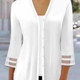 Dame Bluse med V-Hals og 3/4 Ærmer – Elegant med Moderne Detaljer