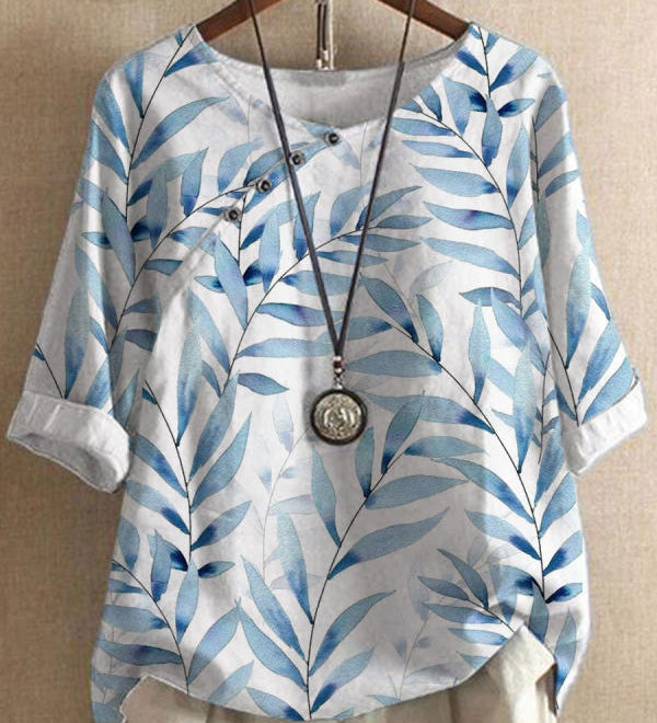Boho Dame Bluse med Blade og Knapdetaljer – Afslappet og Naturlig