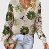 Blomstret V-Hals Bluse med Blondeærmer – Elegant og Feminin Stil