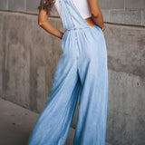 Denim Overalls Jumpsuit med Vide Ben og Lommer