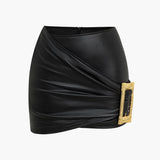 Mini Nederdel i Læderlook med Drapering og Guldspænde