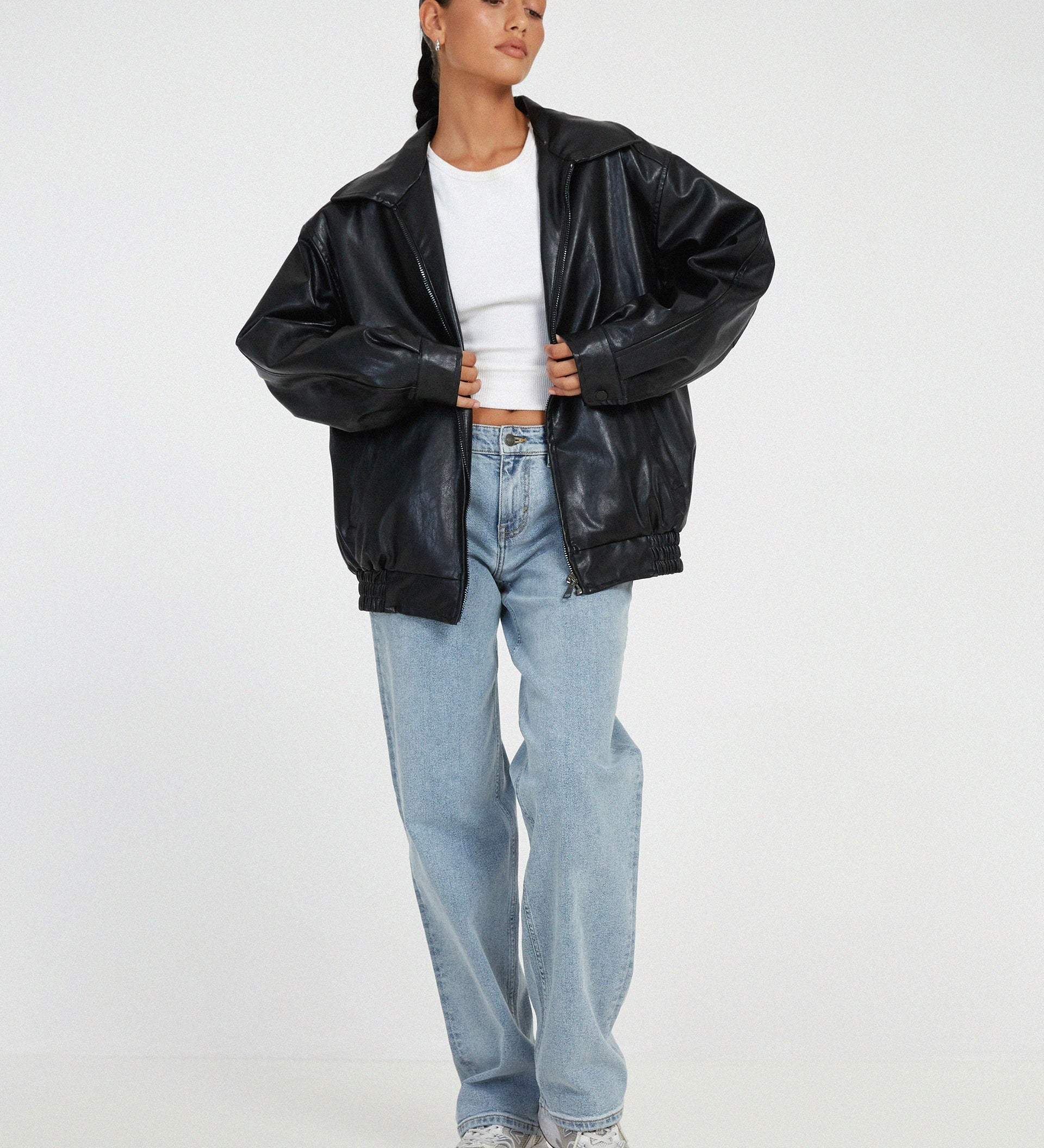 Oversized PU Bomberjakke Dame | Mørkebrun Streetstyle