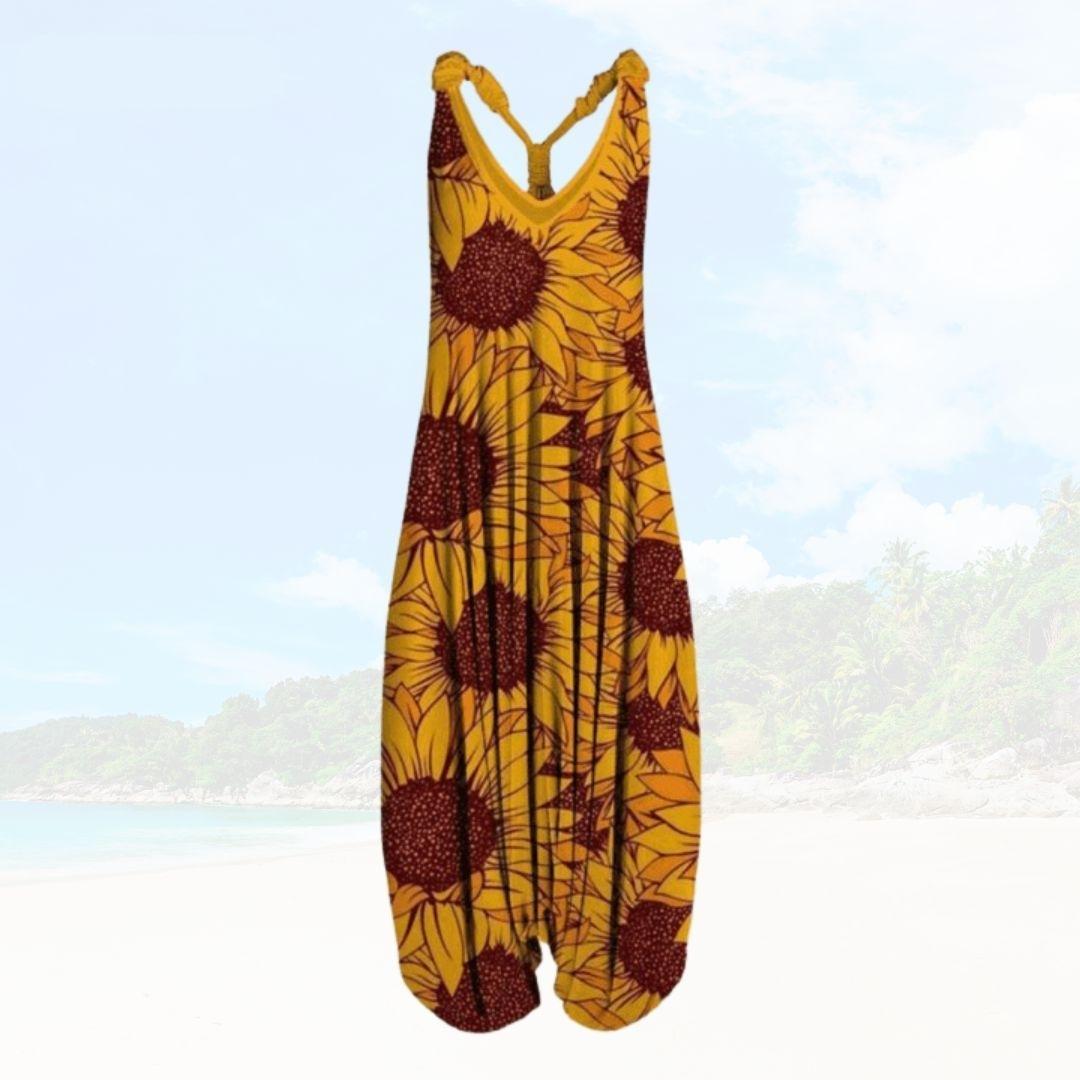 Boheme Jumpsuit med Tropisk Mønster og Lav Ryg