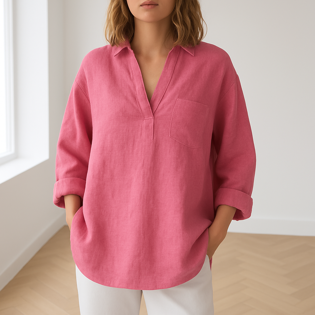 Løs v-hals bluse i hørlook – Lys-Kobenhavn