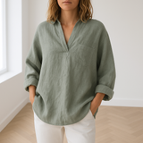 Løs v-hals bluse i hørlook – Lys-Kobenhavn