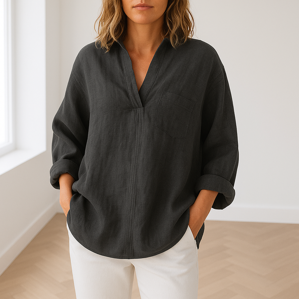 Løs v-hals bluse i hørlook – Lys-Kobenhavn