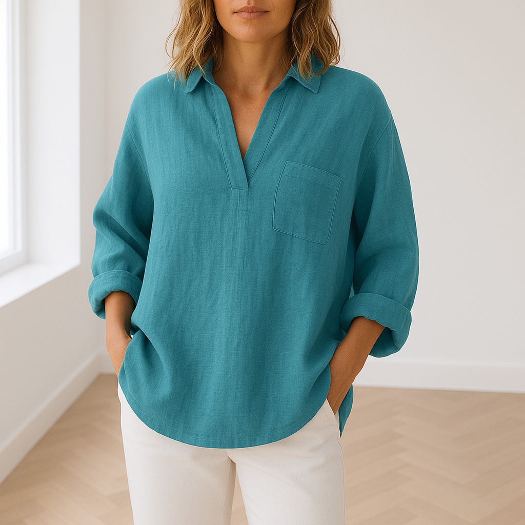 Løs v-hals bluse i hørlook – Lys-Kobenhavn