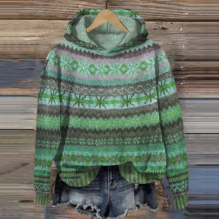 Boheme Strik Hoodie med Mønster – Varm og Farverig Hverdagsstil