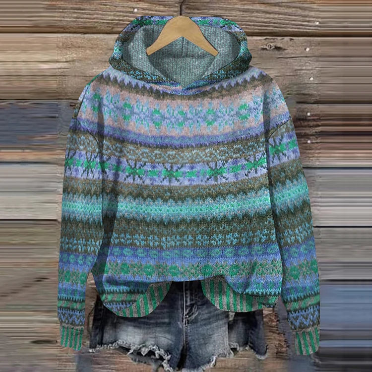 Boheme Strik Hoodie med Mønster – Varm og Farverig Hverdagsstil