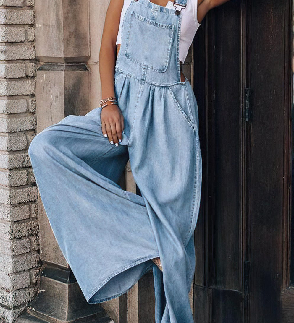 Denim Overalls Jumpsuit med Vide Ben og Lommer