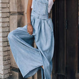 Denim Overalls Jumpsuit med Vide Ben og Lommer