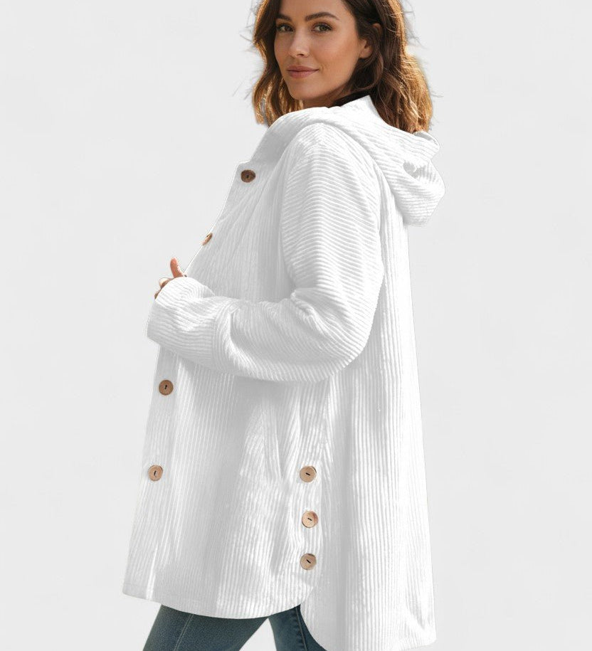 Oversize jakke med hætte og dekorative knapper – afslappet stil til hverdag og fritid