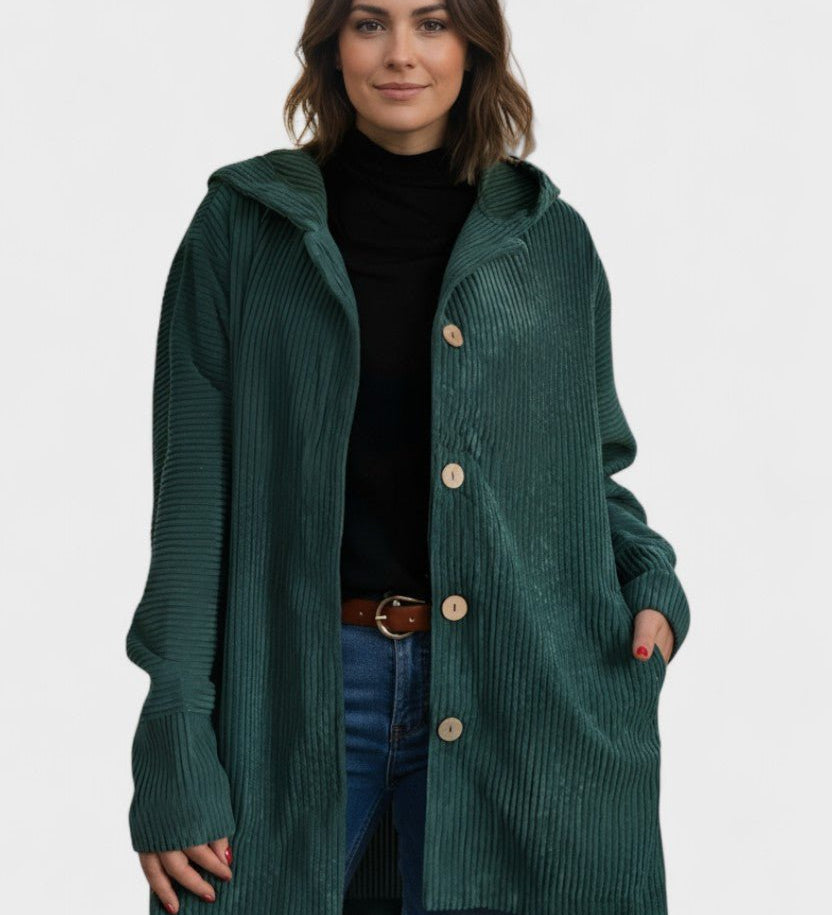 Oversize jakke med hætte og dekorative knapper – afslappet stil til hverdag og fritid
