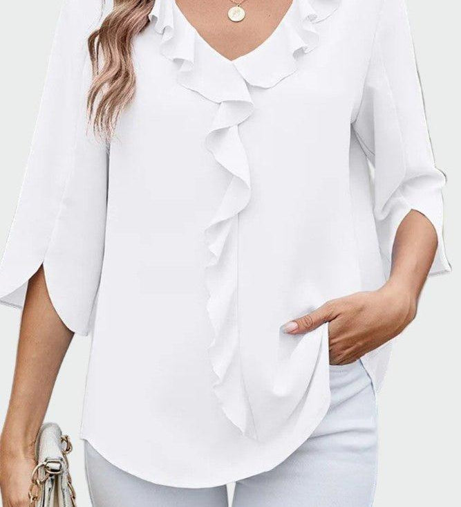 Let Bluse med Flæsedetaljer og Løs Pasform – Elegant Hverdagsstil