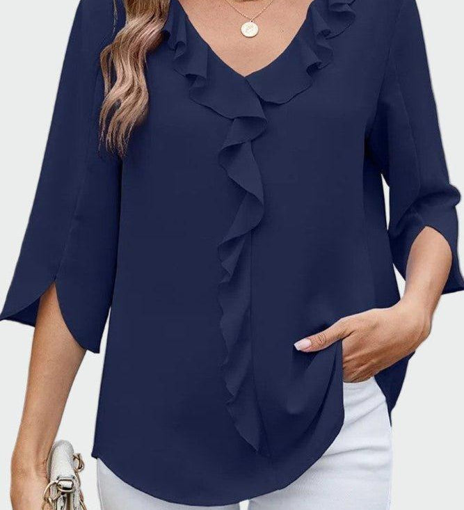 Let Bluse med Flæsedetaljer og Løs Pasform – Elegant Hverdagsstil