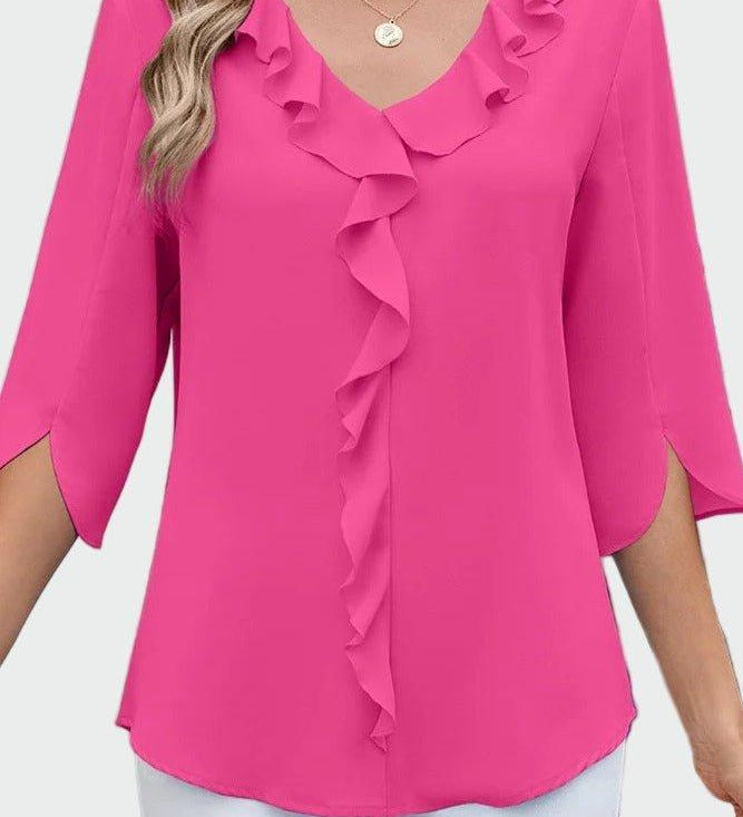 Let Bluse med Flæsedetaljer og Løs Pasform – Elegant Hverdagsstil