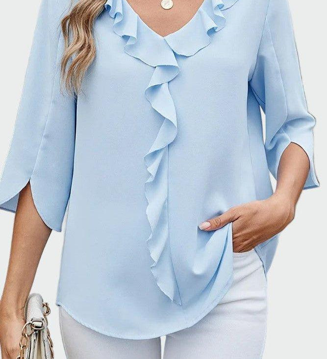 Let Bluse med Flæsedetaljer og Løs Pasform – Elegant Hverdagsstil