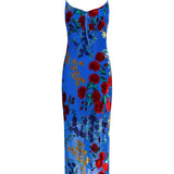Blå sommerkjole med blomster – Figursyet slip dress med stropper