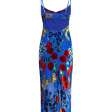 Blå sommerkjole med blomster – Figursyet slip dress med stropper