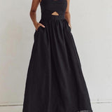 Sort sommerkjole med smock – Elegant maxi kjole med stropper