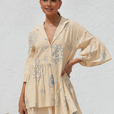 Beige sommerkjole med print – Løs skjortekjole
